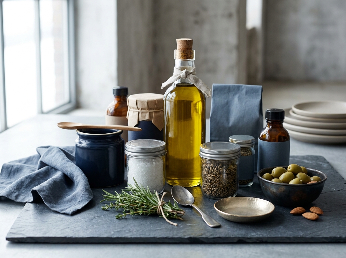 An emerging grocery brand's products styled for an editorial feature on a clean studio surface